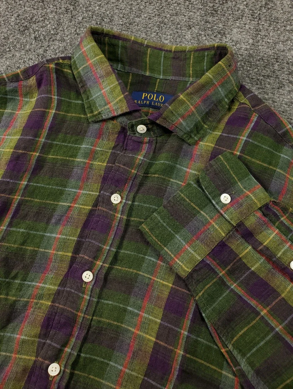 Polo Ralph Lauren Indian Madras Plaid 100% Linen XL Green Purple Long Sleeve NEW